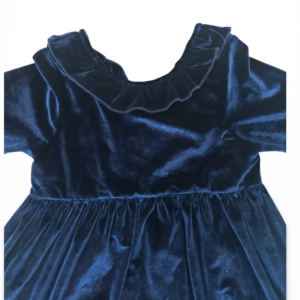 Pink Chicken Rich Navy Velvet Party Occasion Dress w Ruffle Collar- 5 T Girl